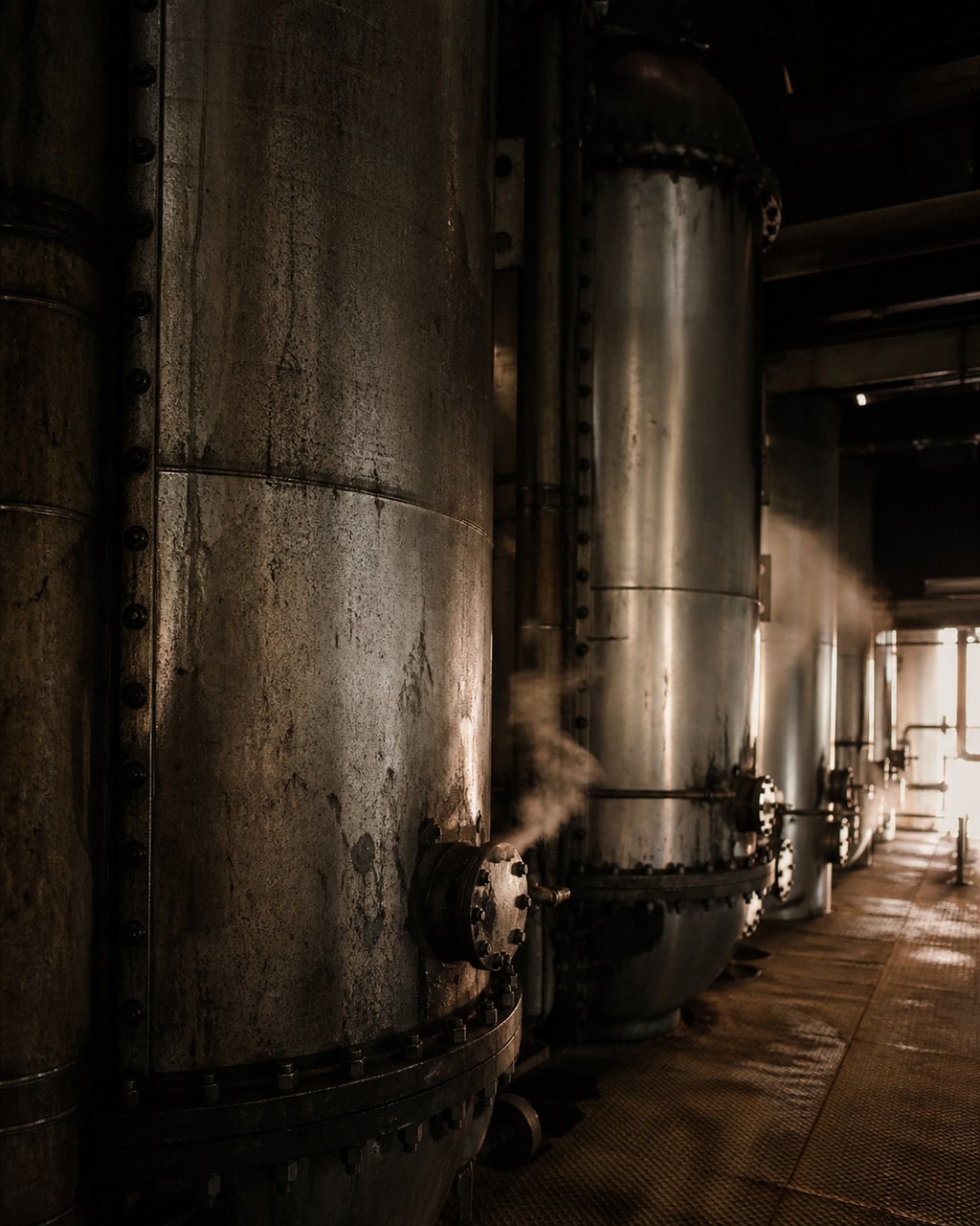 A row of tall riveted sterilizer vessels inside a mill, steam venting from a bolted flange, steel grating underfoot and warm light down the gangway.