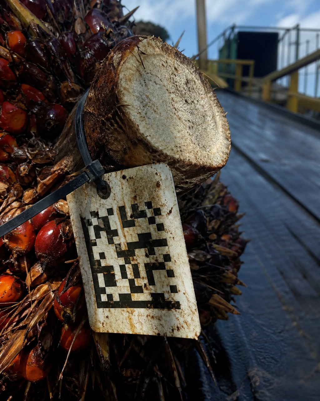 A weathered plastic identification tag carrying a printed square code pattern, cable-tied to the cut stalk of a palm fruit bunch, grime and fibre on the tag.