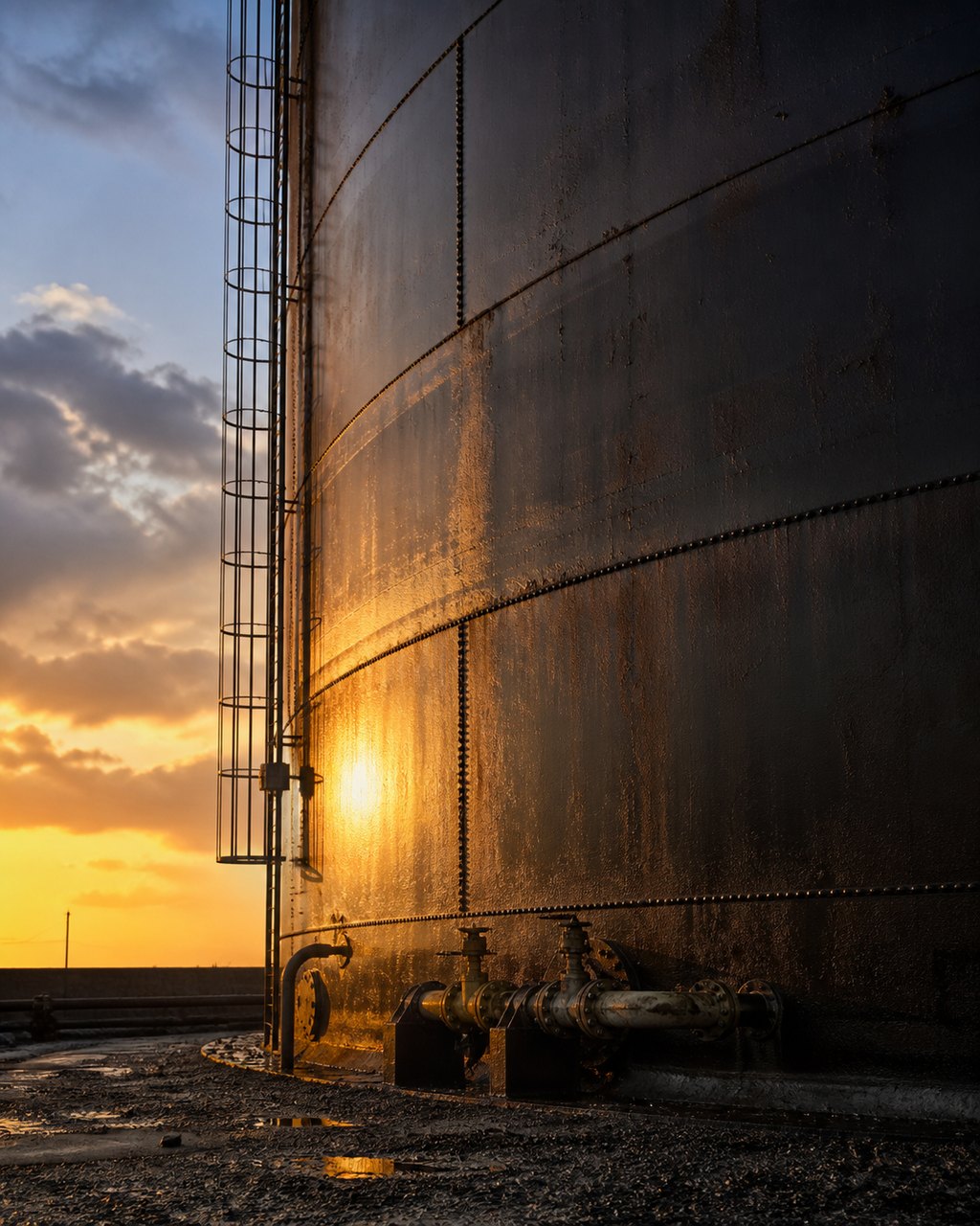 The riveted shell of a large crude palm oil storage tank, a caged access ladder climbing out of frame, evening light raking across the steel.
