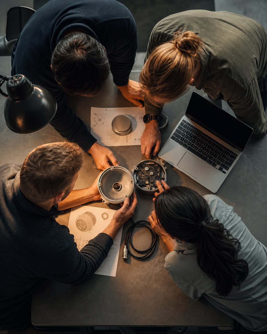 Four people seen from directly above around a work table, heads together over a disassembled round sensor housing, a laptop, coiled cable and printed diagrams. Their faces are not visible.