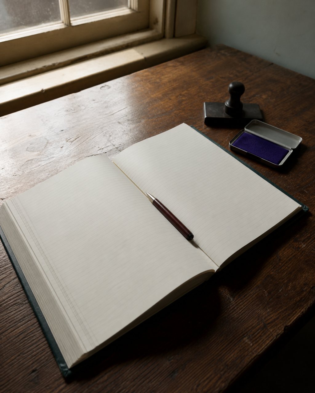 A hardbound estate record book lying open at blank ruled pages on a wooden table, a rubber stamp and ink pad beside it and a pen resting in the gutter.