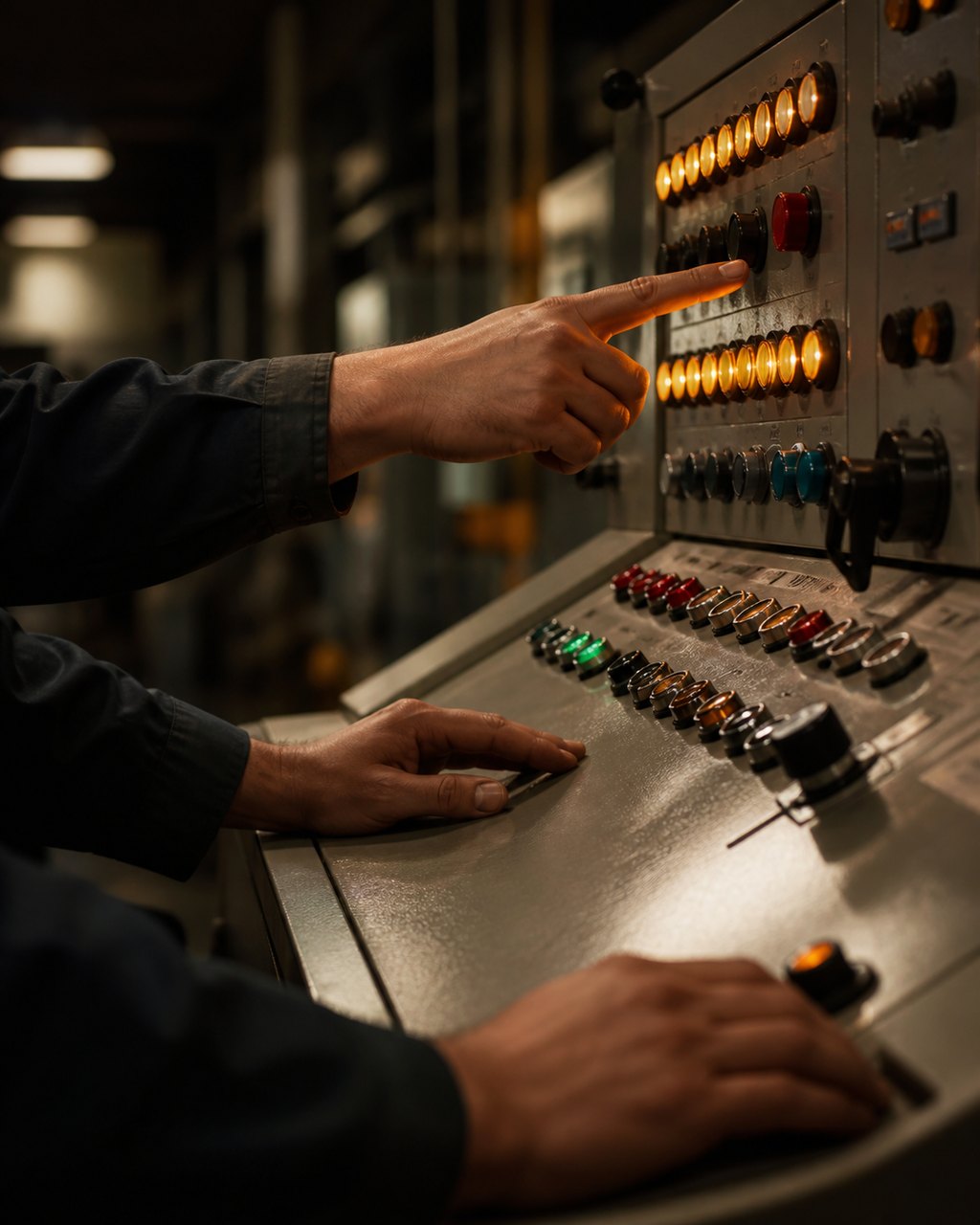 Two pairs of hands at a control panel, one pointing at a row of indicator lamps while the other rests on the desk edge, the dark room lit by the panel.