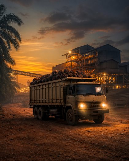 A loaded fruit-bunch lorry waiting at a mill entrance at dusk with its headlights on, silhouetted against the lit mill structures behind it.