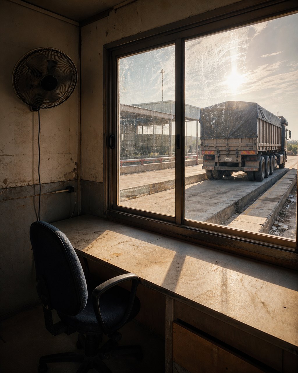 The inside of a small mill weighbridge kiosk: a bare desk and swivel chair at a sliding window looking out onto a concrete apron where a loaded lorry waits.