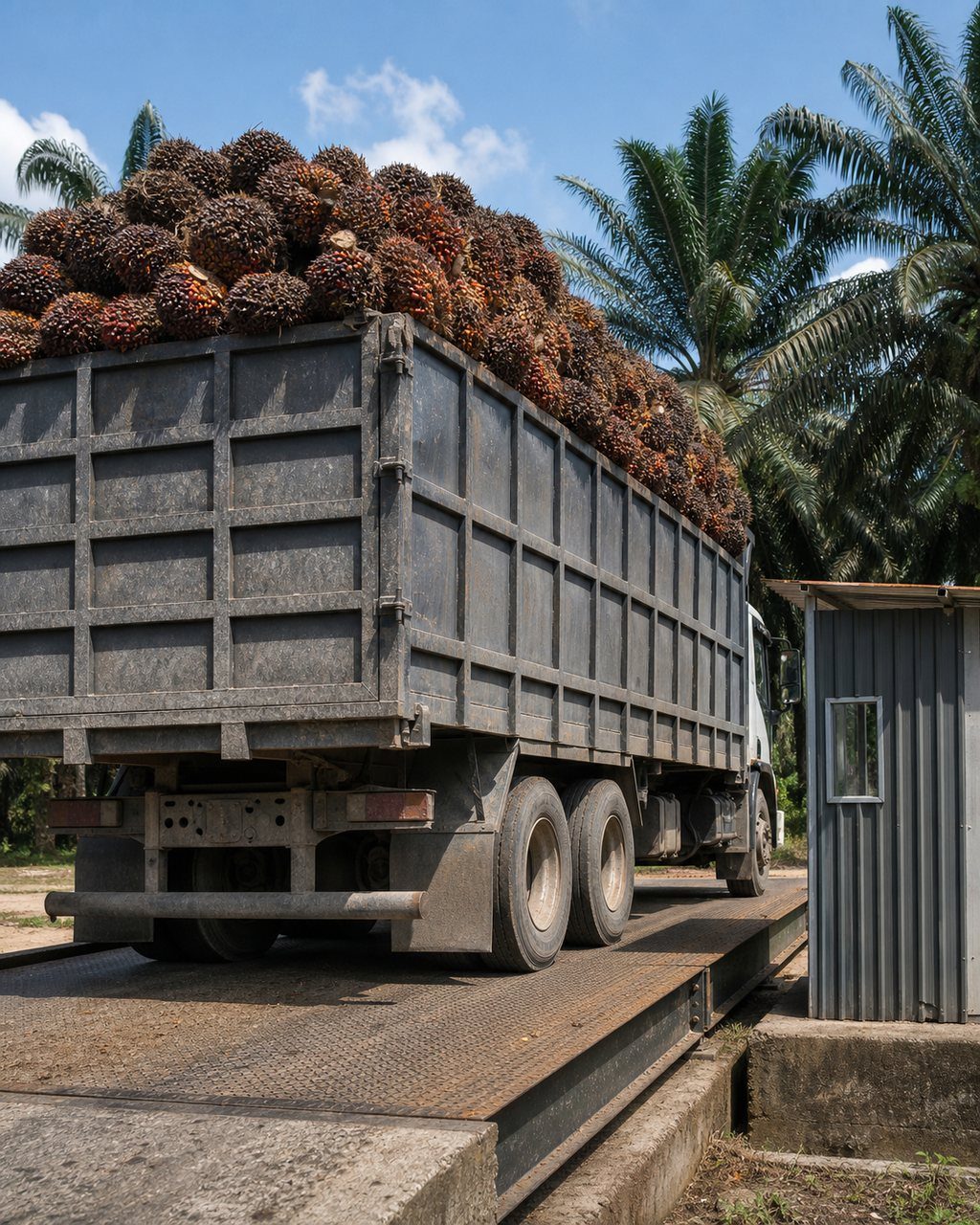 A lorry standing on a mill weighbridge, its high-sided trailer heaped above the sides with oil palm fresh fruit bunches, a small steel weighbridge kiosk beside it and oil palms behind.