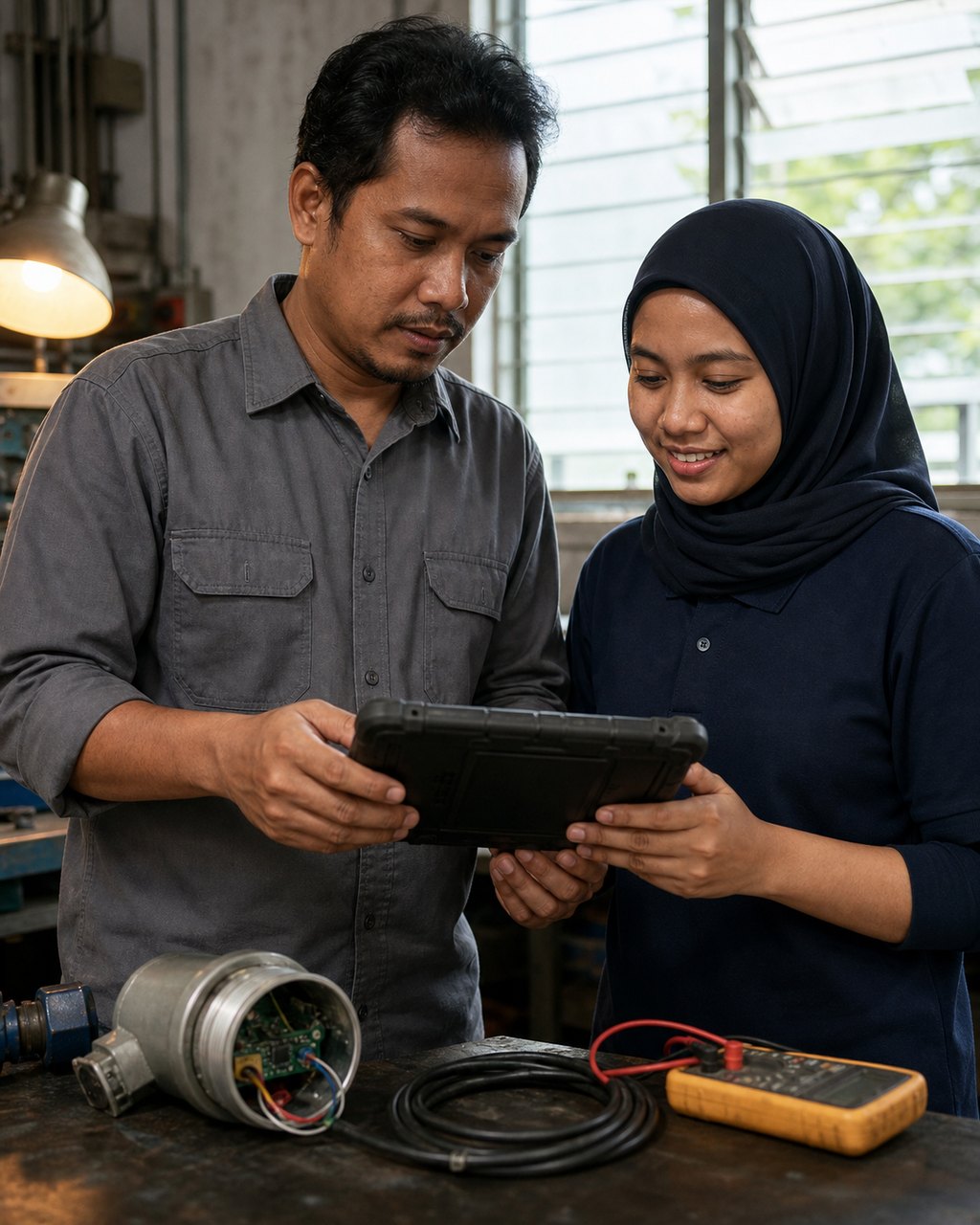 Two engineers at a workshop bench looking down at a rugged tablet held between them, its screen turned away from the camera: a man in a grey work shirt on the left, a woman in a dark headscarf and navy shirt on the right. On the bench in front of them lie an opened cylindrical instrument head with its circuit board and coloured wiring exposed, a coiled black cable and a yellow multimeter, with a lit work lamp and a window beyond.