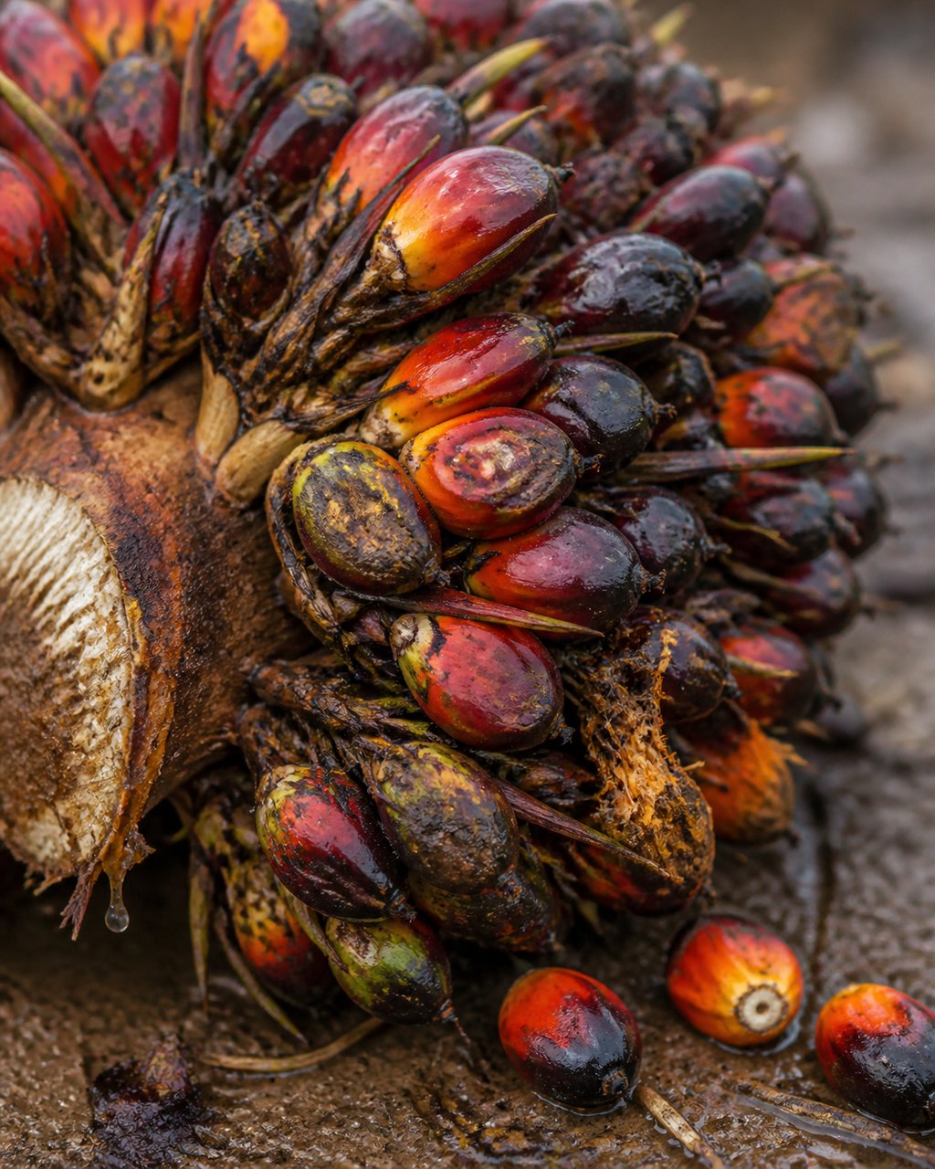 A cut oil palm fruit bunch lying on wet ground, its fruitlets ranging from purple-black through deep red to orange, the pale fibrous cut face of the stalk at left and several loose fruitlets fallen in the mud beside it.