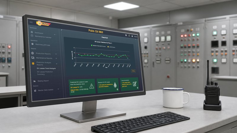 A widescreen monitor on a control-room desk, a keyboard in front of it, a white enamel mug and a two-way radio sitting in its charging cradle beside it; behind stand banks of grey switchgear cabinets studded with red, green and amber indicator lamps. The screen is a dark MyPalm Palm Oil Mill dashboard. Its left navigation runs Dashboard, Maintenance Calendar, Machinery QR Code, Production Reports, Maintenance Reports, then Prediction Analysis Reports with Oil Losses Trend Analysis and Oil Losses Prediction Summary open beneath it, then Weekly Report and Master Data Update. The panel is headed Press No.3 over Oil Losses Prediction for Press 3: a green line keyed to MyPalm predicted oil losses runs across a percentage axis against a red baseline, with an amber key for the laboratory&rsquo;s own figure, a run of clock times along the bottom and a gold History button at the lower right. Three green panels close the screen &mdash; Predicted Oil Losses is Lower than the baseline value, Reasons For Oil Losses, and Recommendation.
