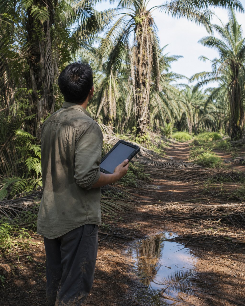 Seorang pekerja memegang tablet di jalan ladang sawit; kandungan skrin tidak kelihatan.