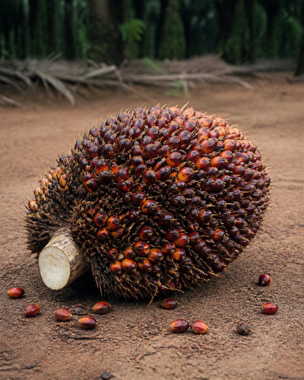 A single whole oil palm fruit bunch lying on bare reddish-brown earth on an estate track. The bunch is one dense ovoid mass of several hundred tightly packed fruitlets, glossy and dark purple-red with orange highlights, and stiff straw-coloured spikes bristle out between them; at the left end the stalk has been cut through, leaving a pale flat sawn face. About ten loose fruitlets, each the size of a plum, lie scattered on the soil around it. Behind, out of focus, are fallen palm fronds and a dark band of palm trunks under flat overcast light.