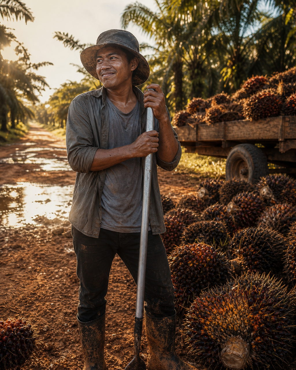 A man standing on a plantation track with both hands resting on an upright harvesting pole, a heap of cut fruit bunches and a loaded trailer beside him, low sun coming through the palms behind.
