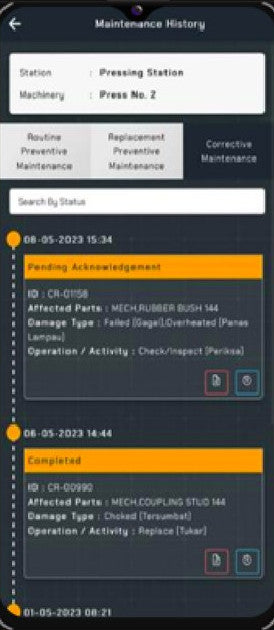A MyPalm Maintenance History screen. A panel at the top names the station and the machine; a row of tabs filters by routine preventive, replacement preventive and corrective maintenance, above a Search By Status field. Below them, dated job cards run down a dotted spine &mdash; one headed Pending Acknowledgement, one headed Completed &mdash; each giving an ID, the affected part, the damage type in English and Malay, and the operation or activity, with a document button and a location button in its corner.