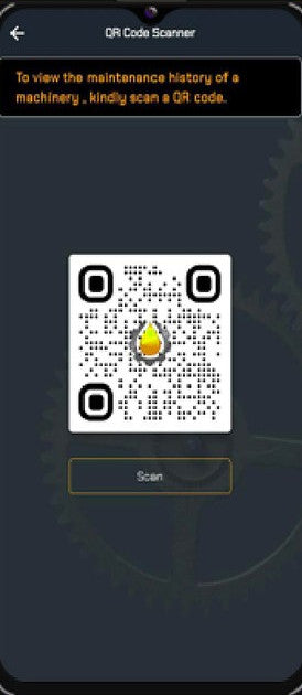 A MyPalm QR Code Scanner screen: a back arrow beside the title, a line reading To view the maintenance history of a machinery, kindly scan a QR code, a large black and white QR code with a small yellow MyPalm droplet at its centre, and a Scan button under it, over a faint gear-ring watermark.