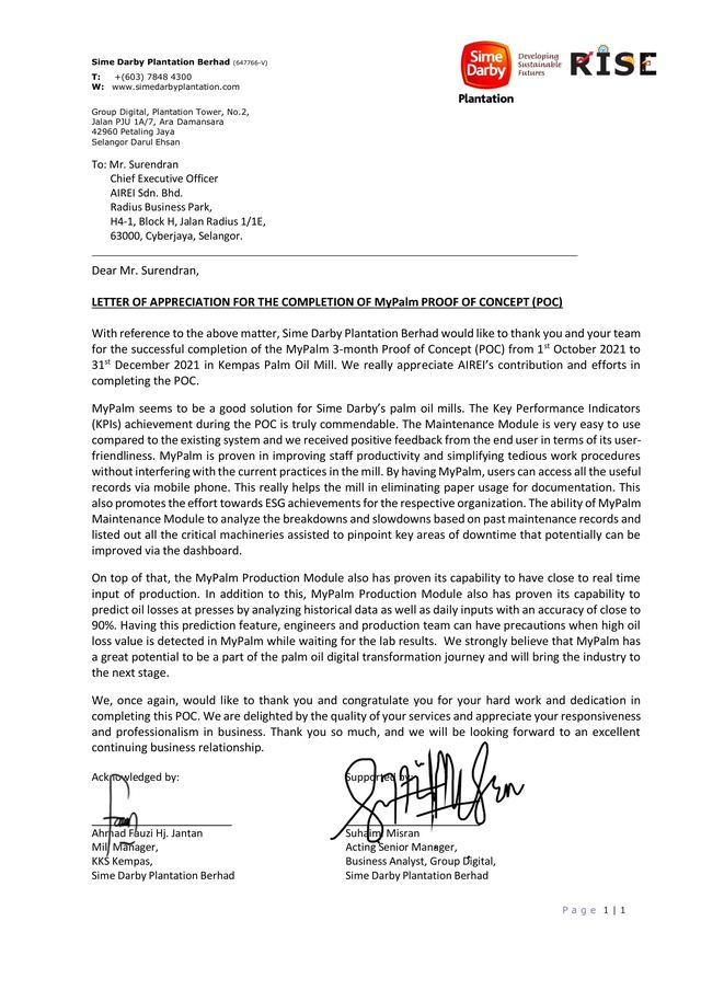 Surat satu muka pada kepala surat Sime Darby Plantation Berhad, dengan tanda merah Sime Darby Plantation dan tanda RISE di kanan atas dan alamat Group Digital di Ara Damansara di sebelah kiri. Ia dialamatkan kepada Mr. Surendran, Chief Executive Officer, AIREI Sdn. Bhd., dan bertajuk Letter of Appreciation for the Completion of MyPalm Proof of Concept. Empat perenggan padat memenuhi muka surat itu, dan dua tandatangan dakwat menutupnya bersebelahan di atas nama Ahmad Fauzi Hj. Jantan, Mill Manager, KKS Kempas dan Suhaimi Misran, Business Analyst, Group Digital.