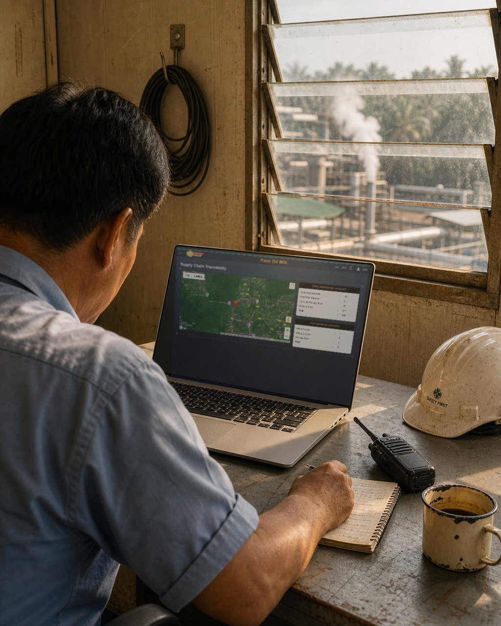 A mill site office in late afternoon. A man in a light blue work shirt sits at a scratched steel desk, seen from behind with his face away from the camera, writing in a spiral notebook. Open in front of him is a laptop carrying the MyPalm Supply Chain Traceability screen: a satellite map of an inland district pinned over villages and estates, beside Total Supplier By Category and Total Buyer By Category panels counting private and government estates, other fruit dealers and smallholders in Malay category names. A white hard hat, a two-way radio and an enamel mug sit on the desk; through a louvred window behind him, mill pipework and a steam plume stand out of focus.