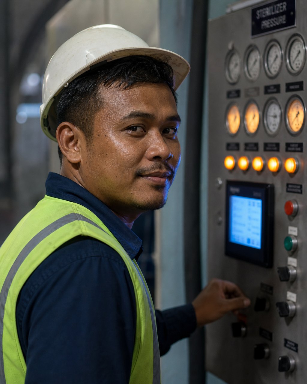 A mill operator in a white hard hat, dark overalls and a hi-vis vest standing at a stainless control panel, one hand on a selector switch, looking toward the camera. Above his hand a small blue touchscreen shows a process page, a row of amber lamps burns across the panel, and round pressure gauges sit under an engraved sign reading Sterilizer Pressure.