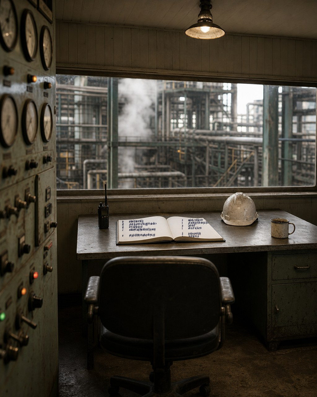 A mill control room: a wall of round dial gauges and toggle switches down one side, a metal desk under a window carrying an open logbook written up in ink across both pages, a handheld radio, a white hard hat and an enamel mug. The entries are far too small to read from here. An empty chair faces it; through the window, a steam plume rises through mill pipework.