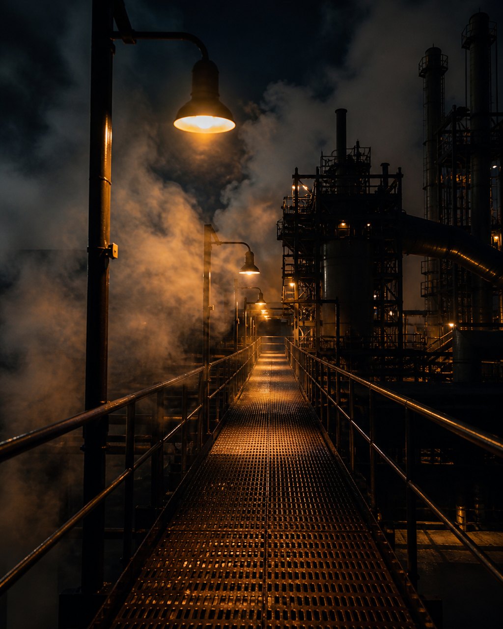 A steel grating walkway running away between handrails at night, lit by a row of overhead lamps, with steam drifting across the plant structure and pipework beside it.