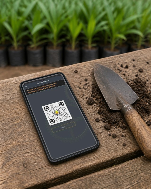 A phone lying face up on a weathered timber bench, a soil-caked hand trowel and scattered crumbs of potting soil beside it, rows of oil palm seedlings in black polybags standing out of focus behind. The screen is the MyPalm QR Code Scanner: a back arrow, a line reading To view the maintenance history of a machinery, kindly scan a QR code, a large black and white QR code with a small yellow MyPalm droplet at its centre, and a Scan button under it, over a faint gear-ring watermark.