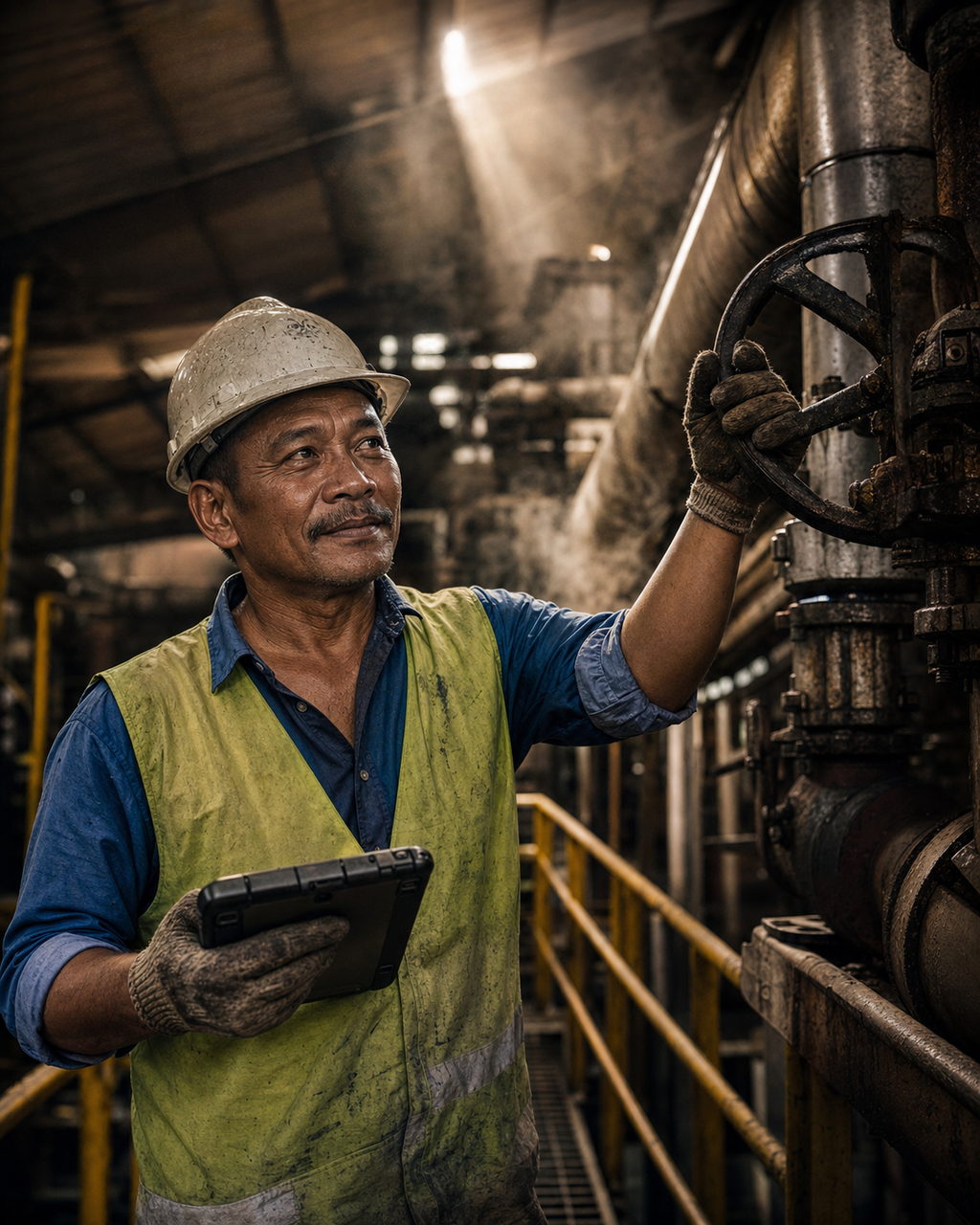 A man in a hard hat and hi-vis vest on a grated walkway inside a mill, one gloved hand on a steam valve handwheel and a rugged tablet in the other, looking up toward the pipework as light falls through the roof.
