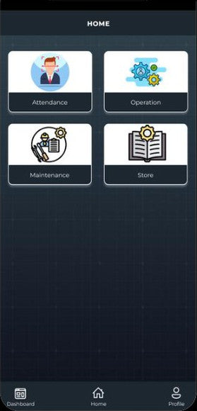 A MyPalm Plantation home screen: the word HOME across the top and four tiles beneath it &mdash; Attendance, Operation, Maintenance and Store &mdash; each with its own drawn icon, over a tab row reading Dashboard, Home and Profile.