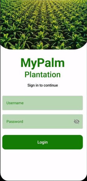 A MyPalm Plantation sign-in screen: a photograph looking out over a nursery of young oil palms across the top, the words MyPalm Plantation in green beneath it, a line reading Sign in to continue, then a Username field, a Password field with an eye icon to reveal it, and a green Login button.