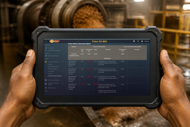 A rugged tablet in a heavy black case, held in two hands on a mill press floor, a long horizontal digester drum spilling orange palm mash standing behind it and a yellow handrail beyond. On it, a dark MyPalm Palm Oil Mill screen headed Press Station Abnormal Report. Its columns group digester level, temperature and motor amps under Factors Affecting OER, and temperature under Factors Affecting Quality, each with its own Remarks column and a row above them printing the abnormal limit for every parameter. Under a press heading, dated digester rows print out-of-limit readings in red, and each Remarks cell spells out an instruction to the operator, including activating the steam actuator valve in auto mode and holding the digester level up to avoid higher oil loss. The left navigation carries Dashboard, Maintenance Calendar, Machinery QR Code and the report groups, with Production Abnormalities open.