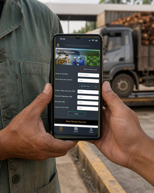Two hands hold a phone up at a mill ramp, a lorry loaded high with oil palm fresh fruit bunches standing on the concrete apron behind it. On the screen is the MyPalm grading form &mdash; a MyPalm droplet beside a grey bar painted over the account line, a Welcome Grader banner photograph of two workers in blue overalls and white helmets, then a Receive New Load button. The fields run Vehicle Number with a vehicle picker, Hard Bunches [Unit], then a Take Photo button and a View button, then Under Ripe Bunches [%], Overall Ripeness [%], Overdue [%] and Loose Fruits [%], each with its own empty entry box, and a Save button under them. A bar reading Most Recent Records closes the form, above a Home, Reports and Profile tab row.