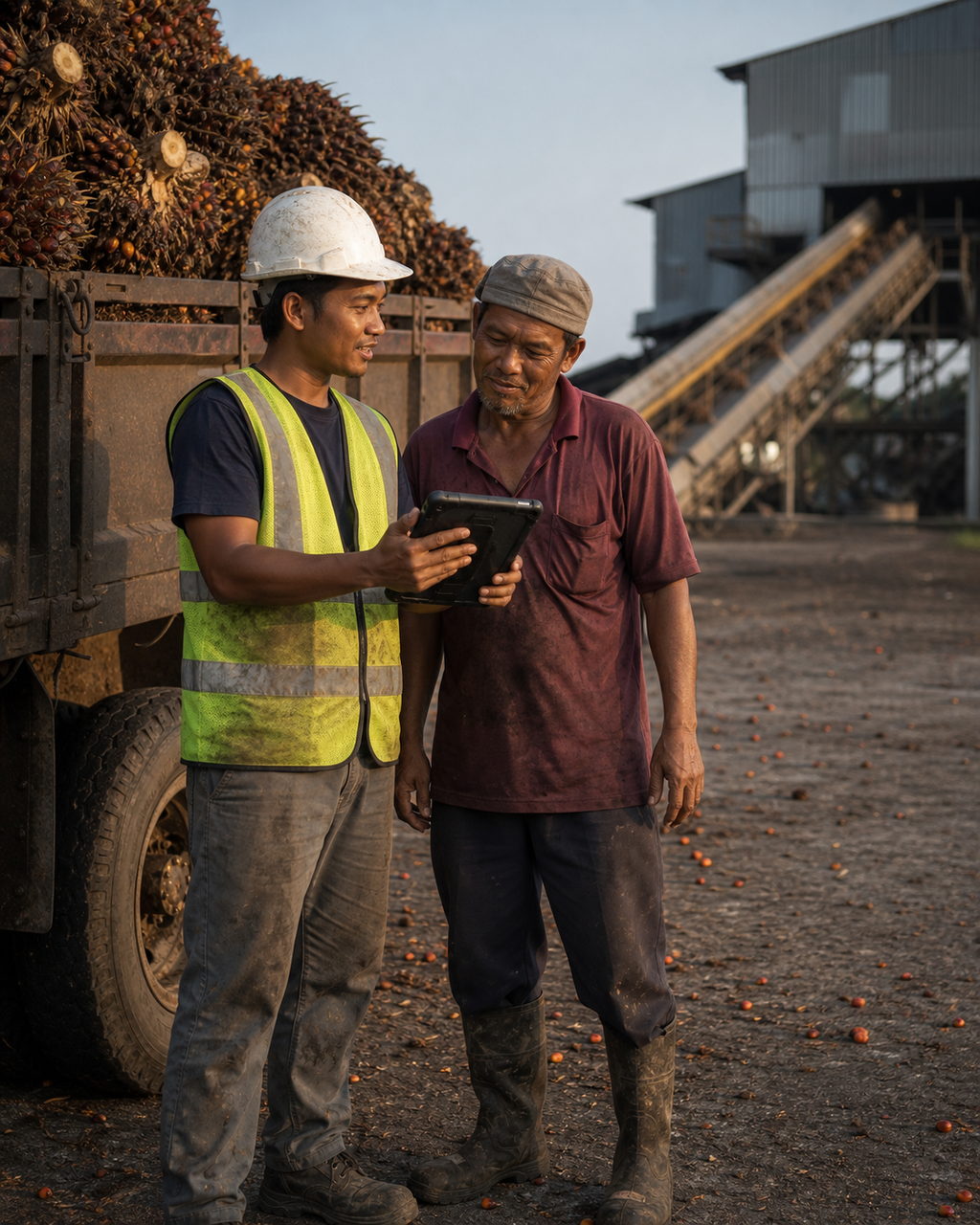 Two men at the tailgate of a loaded fruit lorry on a mill ramp, looking together at a small rugged tablet held between them, loose fruitlets scattered across the ground and the mill&rsquo;s inclined conveyor behind them in low afternoon light.