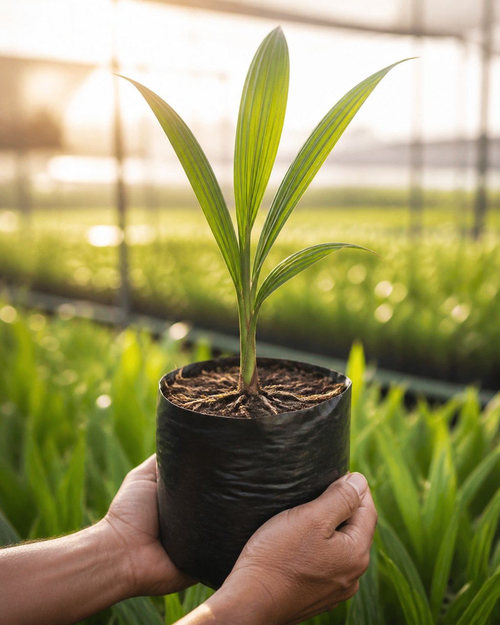 A single young oil palm seedling in a black polybag held in two hands against a bright nursery background, fine roots visible at the soil surface.