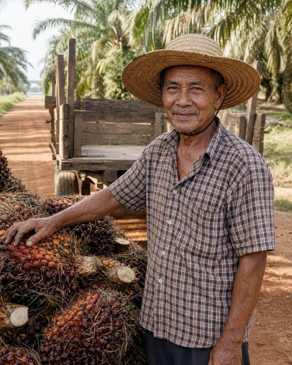 A smallholder in a wide straw hat and a checked shirt standing on an estate track beside a heap of oil palm fresh fruit bunches, one hand resting on the heap. A wooden-sided trailer stands behind him and the track runs away between rows of palms.