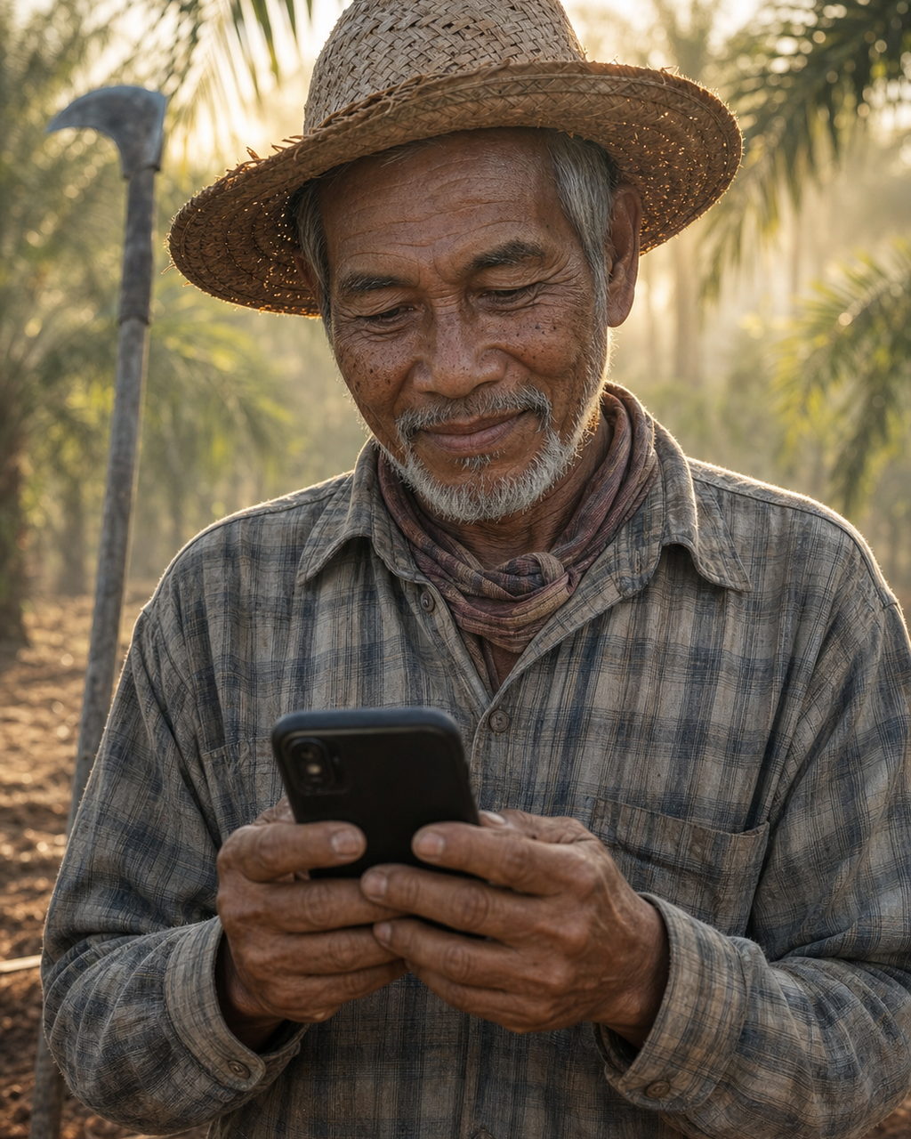 An older man in a straw hat and checked shirt standing among oil palms at first light, holding a phone in both hands and looking down at it, a harvesting blade on its pole leaning behind him. The screen is dark and nothing on it can be read.