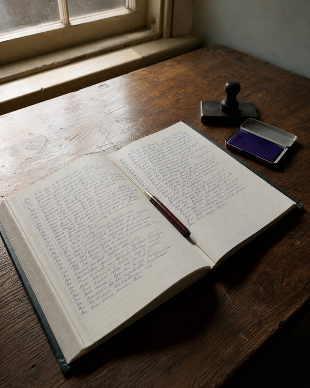 A hardbound estate record book lying open on a wooden table, a rubber stamp and ink pad beside it and a pen resting in the gutter. Both pages are written up in blue ballpoint &mdash; a narrow column of short entries down the left of each page, running lines beside it &mdash; the right page filled about three quarters of the way down. The handwriting is illegible.