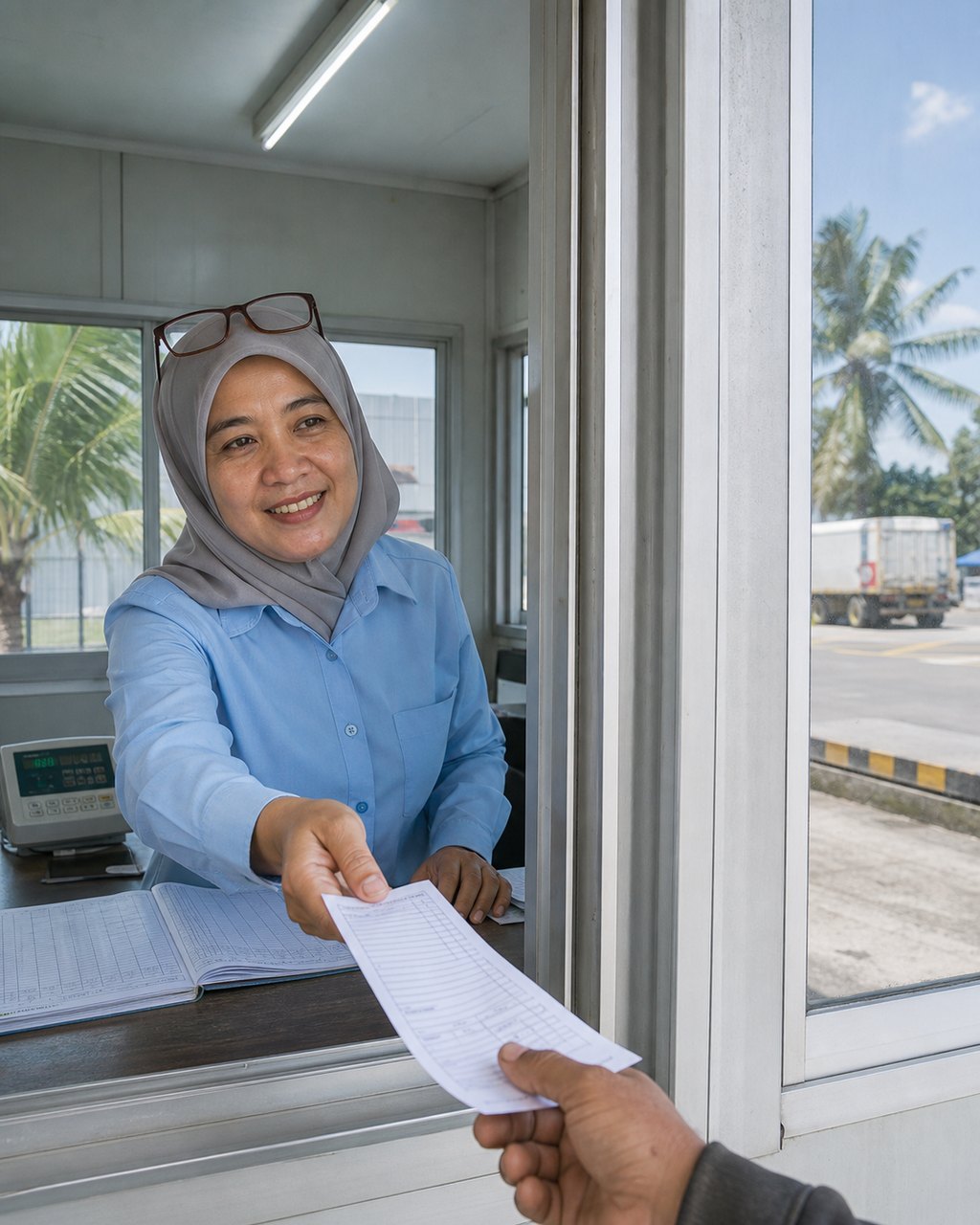 A clerk in a pale blue shirt and grey headscarf, her reading glasses pushed up on her head, leaning across the desk of a mill weighbridge kiosk to hand a printed docket out through the sliding window into a driver&rsquo;s waiting hand. A hand-ruled register lies open on the desk beside a weighbridge indicator; through the glass a lorry stands on the concrete apron under a coconut palm. The docket is a ruled form and nothing written on it is legible.