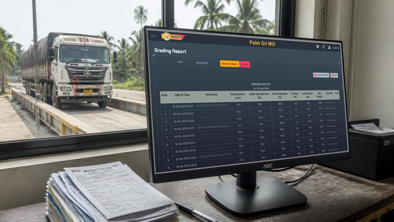 A monitor on a weighbridge office desk beside a thick stack of printed weight tickets and a pen; through the window behind it a tarpaulin-sided lorry stands on the weighbridge platform, palms along the road behind it. The screen is the MyPalm Grading Report: a date field with Generate Report and Cancel beside it, Export as PDF and Print above the table, and a table whose columns are S.No, Date and Time, Vehicle No, Hard Bunches, Under Ripe Bunches, Overall Ripeness, Overdue, Loose Fruits, Net Weight, Done By and View. Every Vehicle No and Done By cell is painted out with a grey bar.
