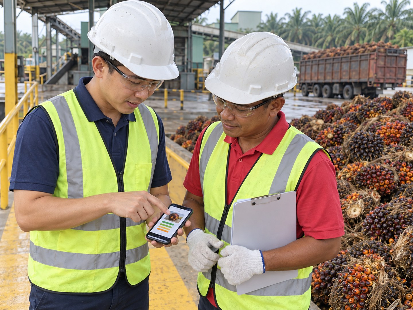 Jurutera AIREI dan penggred kilang menyemak telefon bersama di pelantar buah